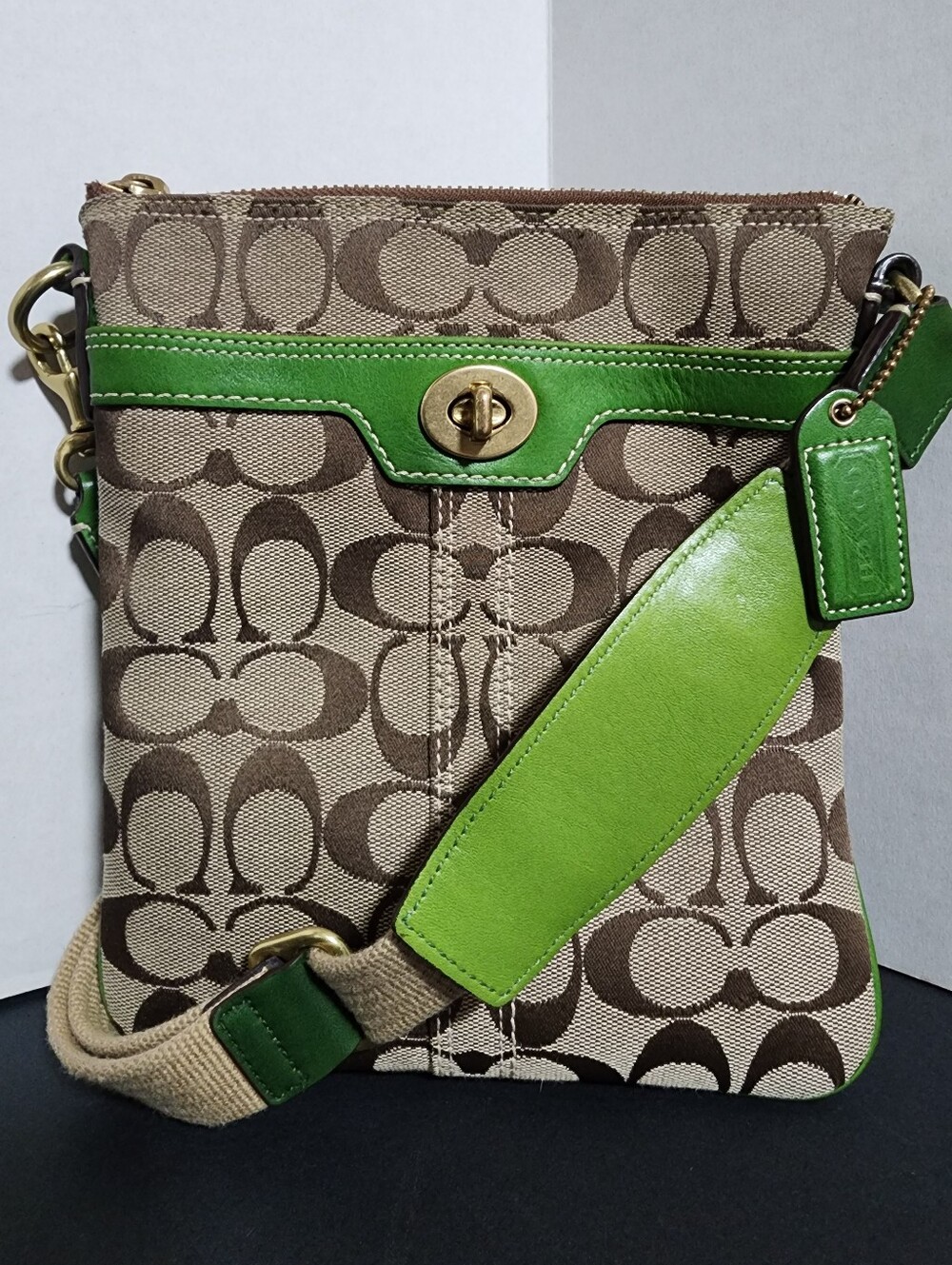 Coach Vintage Signature Monogram Crossbody, Lime Green & Brown, 2007, EUC